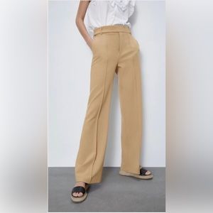 ZARA FLARED MID-RISE CAMEL WIDE LEG PANTS